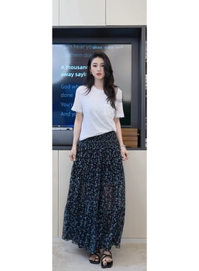 小乖逃打揽弹力松紧腰 黑色碎花半裙 蓝色底蓝花半身裙 S25285