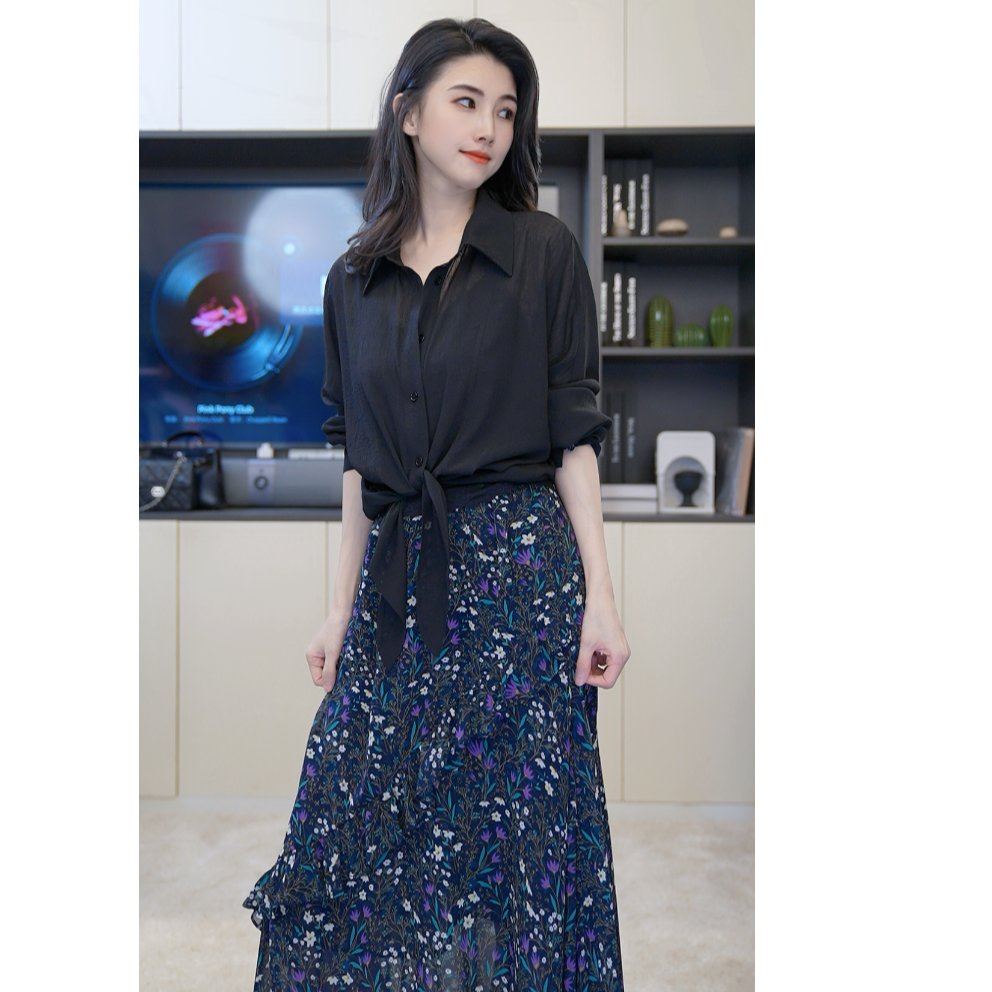 小乖逃D蓝色衬衫黑色衬衫翻领休闲宽松蝴蝶结衬衫M8662