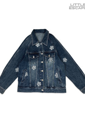 设计师休闲款深灰外套花朵百搭秋款时尚水洗牛仔潮流230992