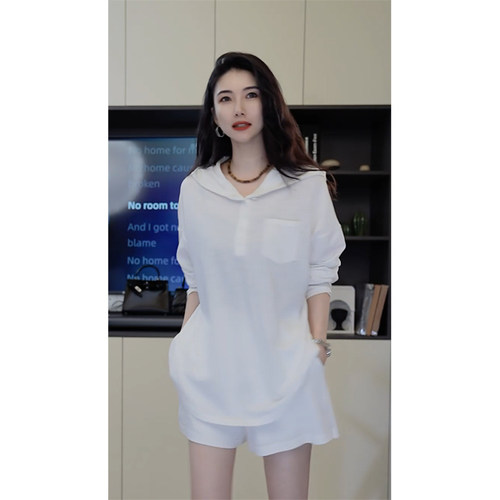 新款休闲风白色宽松连帽口袋松紧短裤百搭潮流简约套装240322