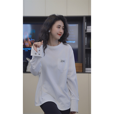 休闲风纯棉白色T恤长袖圆领甜甜圈百搭春季潮流简约8132