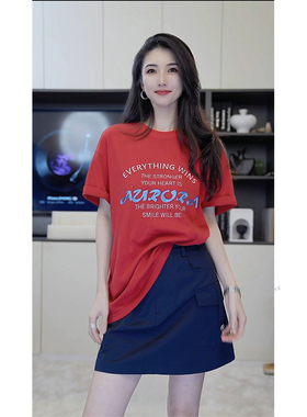 小乖逃双色D白色红色T恤AZ字母短袖休闲时尚圆领上衣S25408