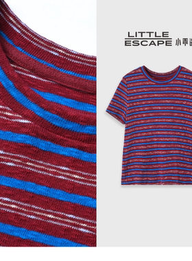 小乖逃休闲时尚蓝色条纹拼红短袖打底圆领轻熟风秋冬百搭款251209