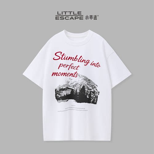 小乖逃JX美式松弛感雪山森林字母印花T恤夏季宽松短袖TS8346