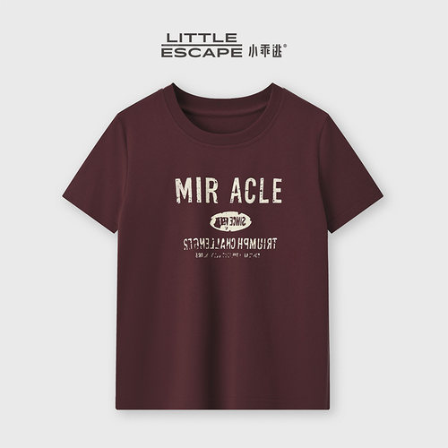 小乖逃JX美式复古做旧红T恤酒红色MIRACLE印花薄款透气打底M9926
