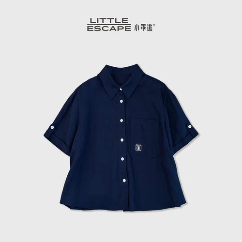 小乖逃JX藏青小标短款衬衫宽松显瘦百搭通勤休闲短袖衬衣HS36044