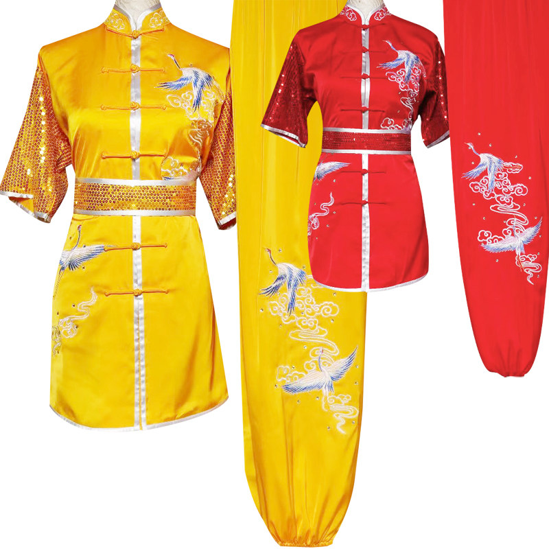 短袖武术服演出服男女练功表演服刺绣仙鹤练功比赛长拳儿童气功服