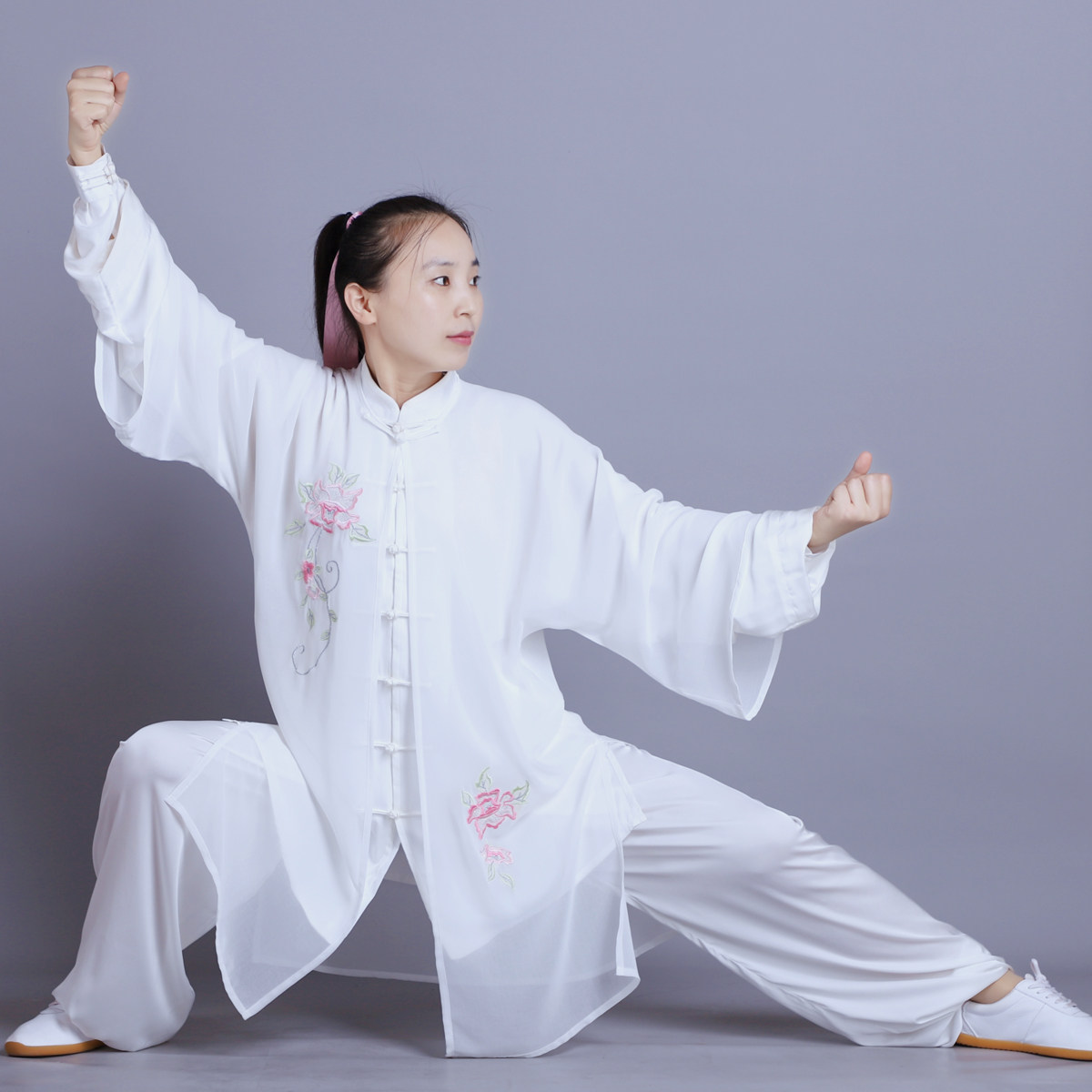 太极服披纱刺绣牡丹花加长纱衣太极拳比赛披风外披表演坎肩演出服