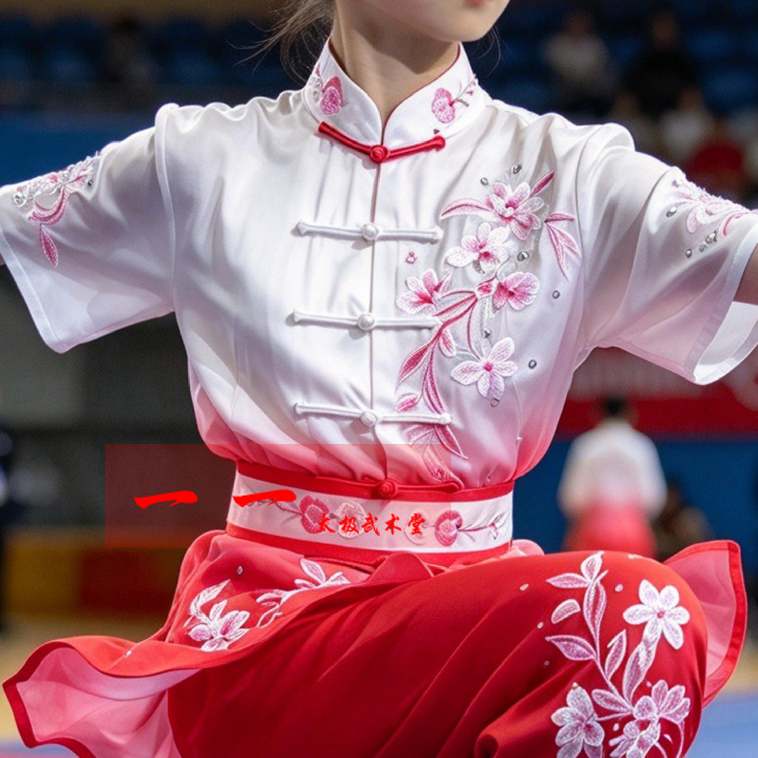短袖武术服装长拳彩服刺绣太极服女白色练功服比赛表演服盘扣花卉
