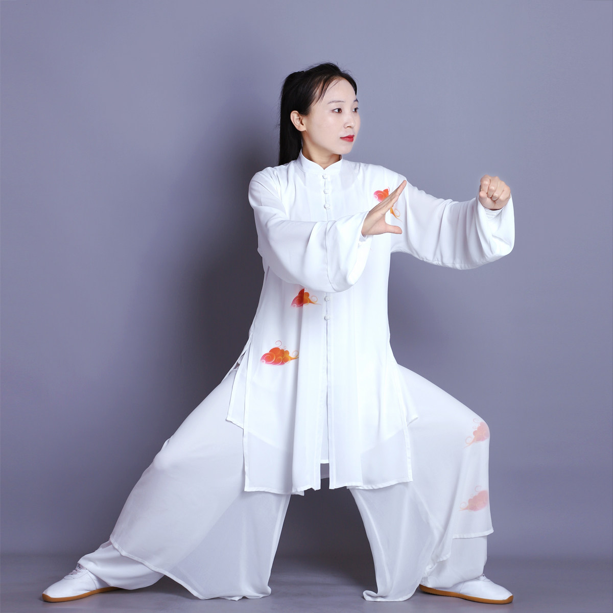 新款夏季丝麻太极服装男女彩绘云朵加长款演出服比赛练功服舞剑扇