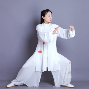 新款夏季丝麻太极服装男女彩绘云朵加长款演出服比赛练功服舞剑扇