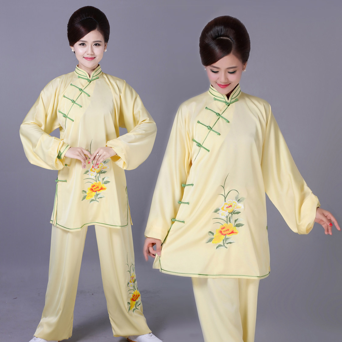 刺绣牡丹花团体长袖黄色比赛服图片