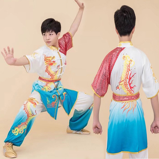 新款渐变蓝色短袖武术服装刺绣龙武术表演服演出服男女长拳比赛服