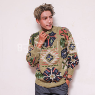 抹茶色抽象图形 套头毛衣 Vintage童趣拼接麻花古着风格 男女中性