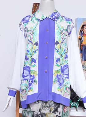 日本制vintage古着复古摩登气质  紫色花朵油画长袖白色衬衫外套