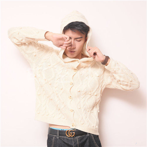 复古着vintage手工粗线棒针纯色 童趣扭花球球纯羊毛毛衣