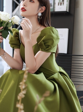 绿色缎面晚礼服女宴会气质高定名媛洋装主持人春季学生艺考连衣裙