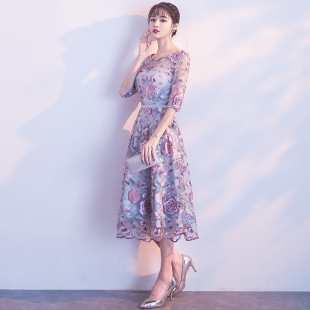 演出聚会礼服 毕业主持人礼服刺绣敬酒修身 宴会晚礼服女中长款 新款