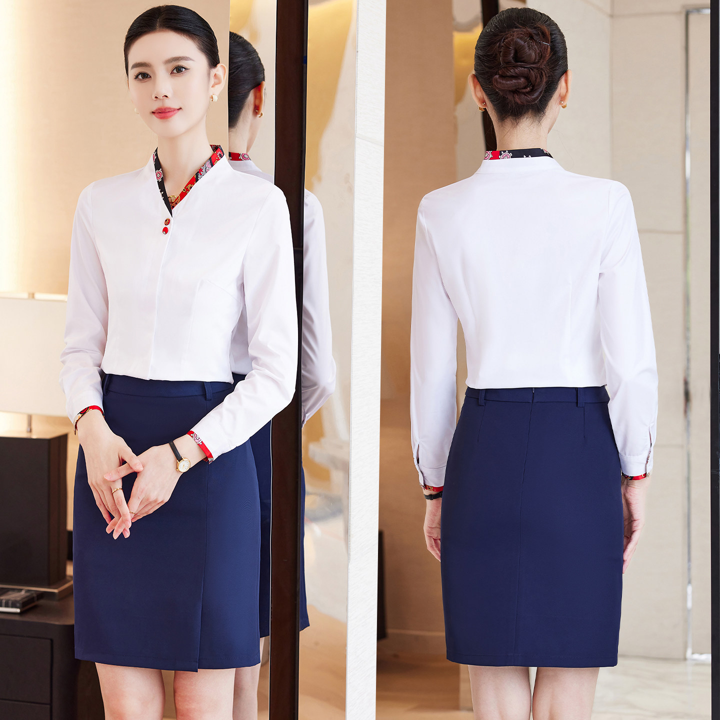 职业装空乘艺考面试正装空姐制服v领长袖白衬衫女长袖工作服衬衣