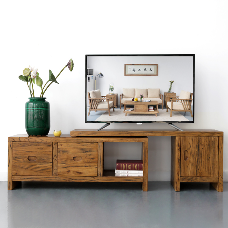 实木伸缩电视柜老榆木储物柜组合