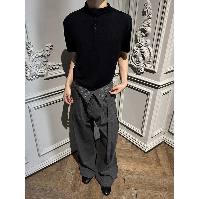 积淀条纹剑道西裤男款打褶刺绣高腰微喇裤子K0185-P78，男装西裤，电商A330-1