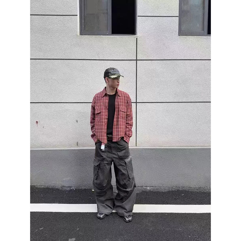 26/春美式复古棕色长袖格子衬衫男CS43-P40,男装衬衫,电商A330-1