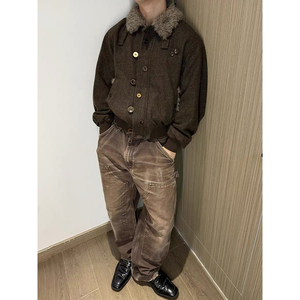~仿羊羔毛翻领厚外套冬季保暖棉衣男美式复古棉服YY54-P138