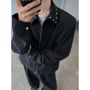 ~小众垫肩解构金属铆钉男高级感外套JK015-P108,白色宽松雪纺上衣怎么搭配图片