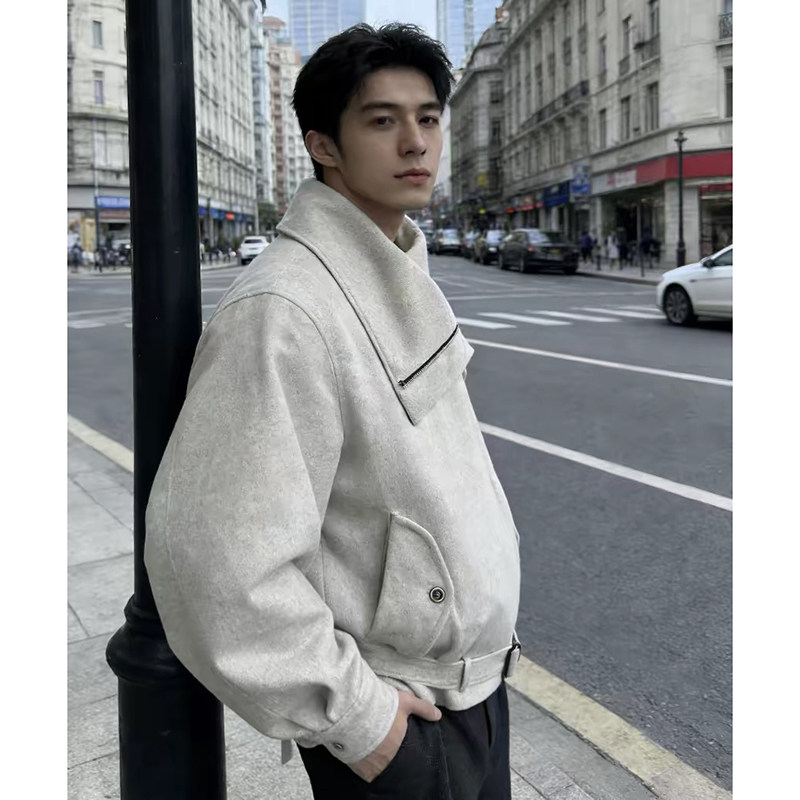 春款~斜拉链多穿领型正肩廓形毛呢绑带夹克YY73-P128，男装夹克，电商A330-1