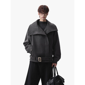 潮流~ 斜拉链多穿领型正肩廓形毛呢绑带夹克 YY73-P128，男装夹克，电商A330-1