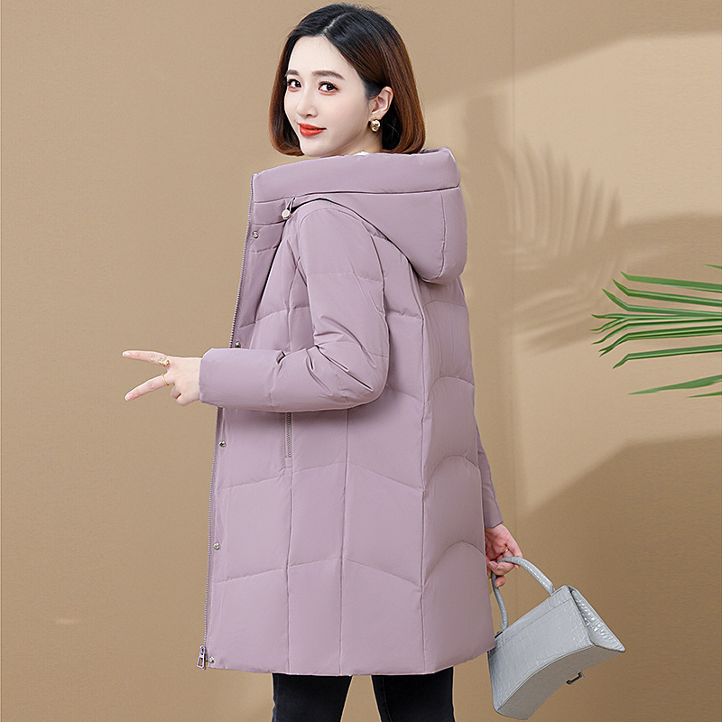 专柜连帽羽绒服女冬季修身显瘦女士保暖白鸭绒中长款防寒外套