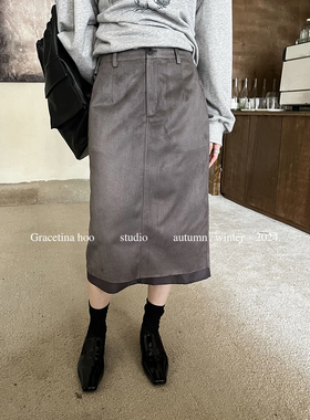 感麂皮绒拼接同色外露光感里布慵懒随性茧型半身裙  BQA972#