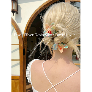 少女心动设计感法式 醋酸水钻拼色蝴蝶抓夹女后脑勺超仙半扎发夹