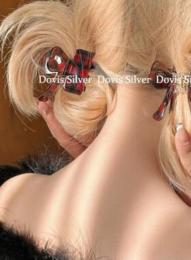 网红红拼黑格纹蝴蝶结醋酸抓夹俏皮可爱发夹少女鲨鱼夹发饰