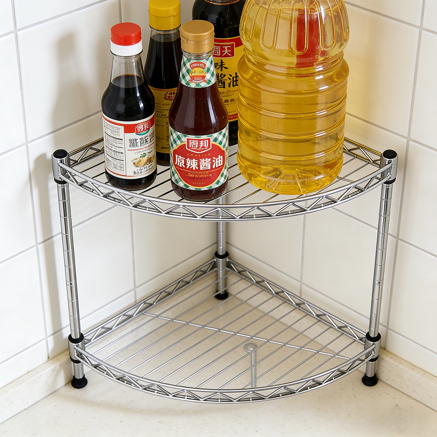 三角形厨房转角置物架双层三层可调节高度收纳架扇形锅架调料架子