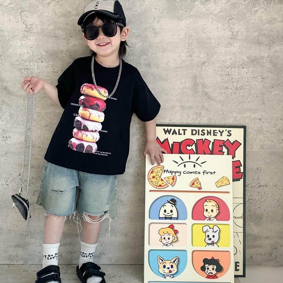 娇气妈儿童短袖25夏男女童日系卡通纯棉T恤小童宝宝破洞牛仔短裤