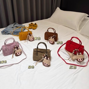 磨砂真皮吐司包保龄球包包女时尚精致手拎包麂皮绒斜挎包红色小包