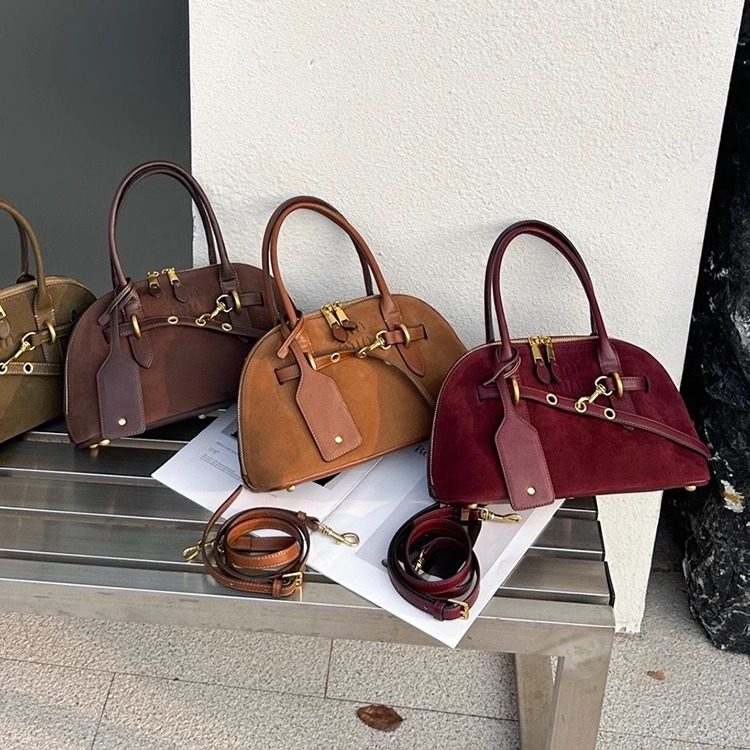 磨砂真皮保龄球包包女高级感小众中古手提包复古麂皮绒斜挎贝壳包,箱包皮具/热销女包/男包,通用款女包,淘宝优惠券,粉丝福利购,淘宝优惠卷