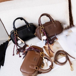 时尚真皮保龄球包包女高级感小众中古手提包百搭单肩斜挎包枕头包