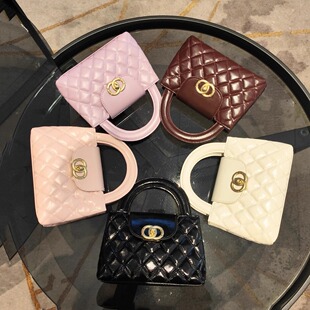 vintage中古小香风包包女高级感时尚 真皮手提包菱格链条包斜挎包