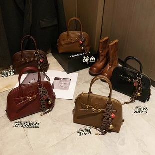 小众红色贝壳包保龄球包女高级感中古手提包真皮单肩斜挎包手拎包