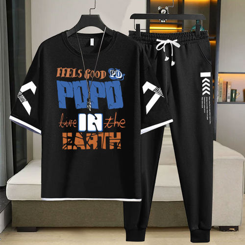 夏季新款2026大码宽松休闲运动套装潮流学生短袖9分裤两件套男