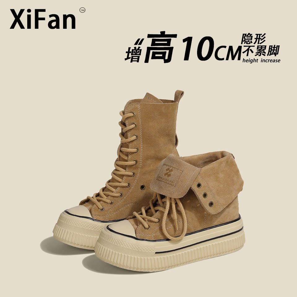 10CM帆布鞋矮子乐两穿高帮鞋不累脚隐形内增高真皮厚底休闲鞋子女
