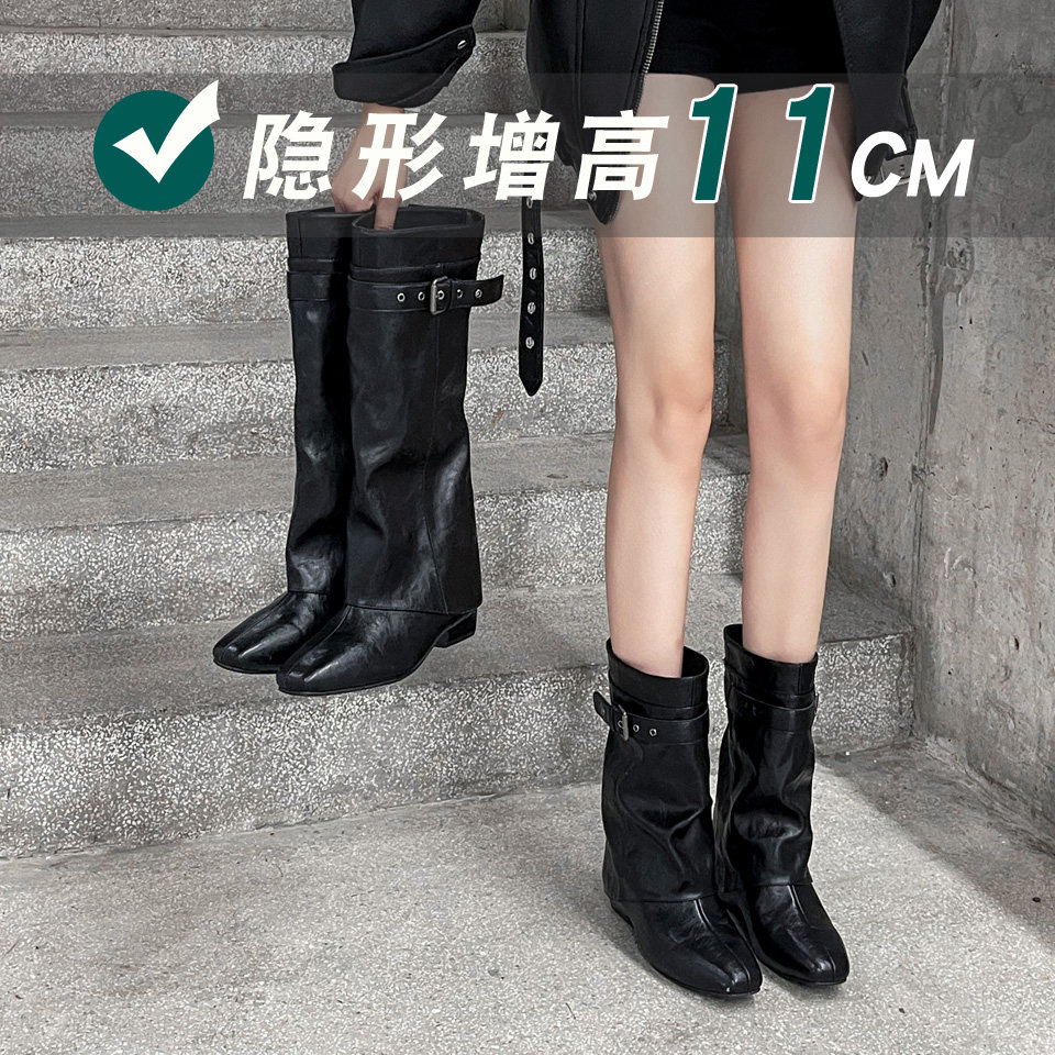 秋冬11CM隐形增高女骑士靴显瘦