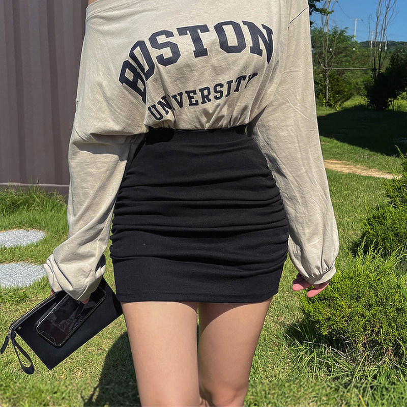 黑色包臀裙女夏季新款高腰职业半身裙性感褶皱包裙一步显瘦短裙子