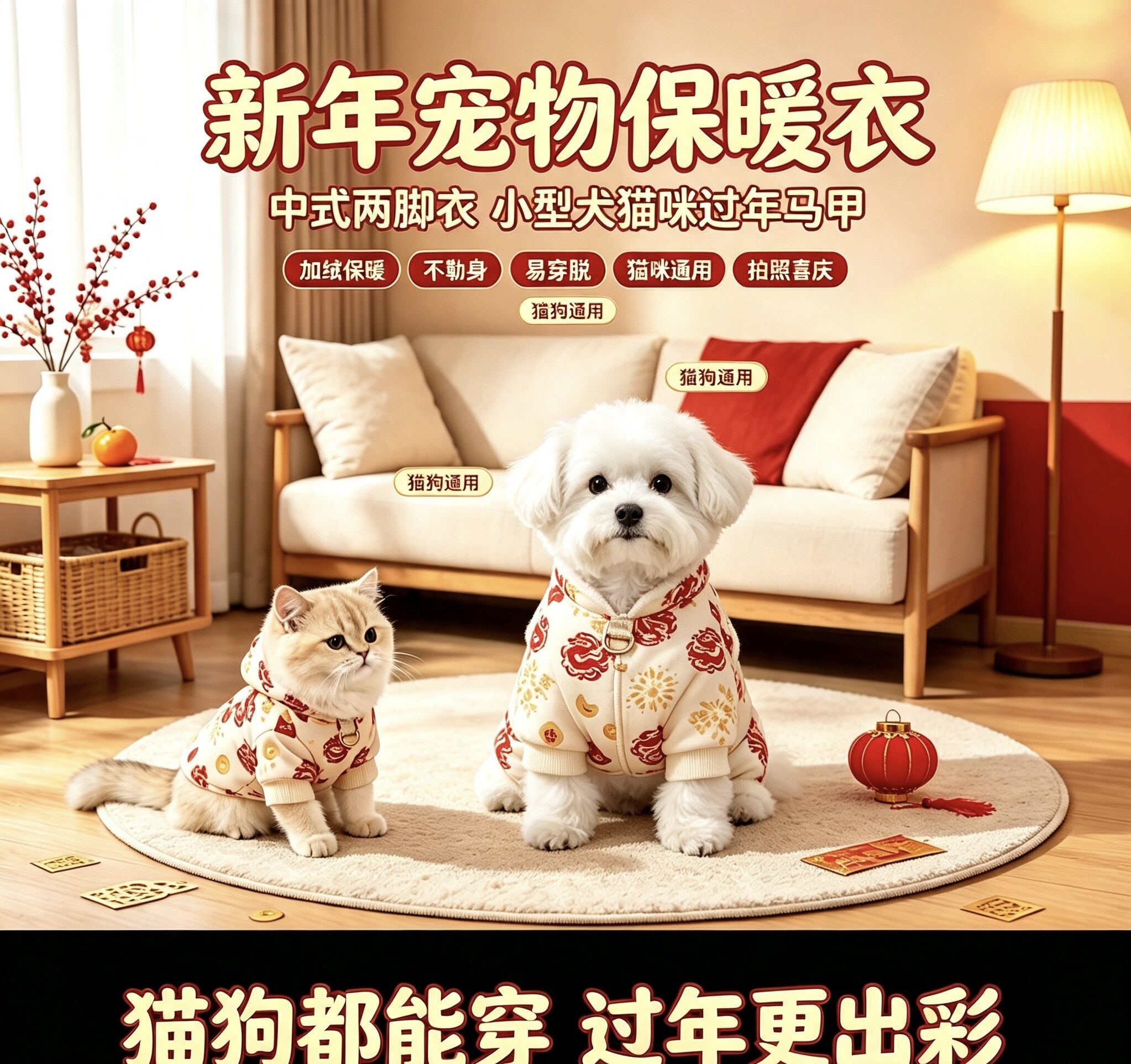 新年宠物过年衣服可牵引加绒保暖狗宠物服装/雨衣