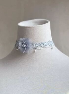 原创小众清新baby蓝甜美长系带蕾丝颈花choker项圈颈饰女饰品