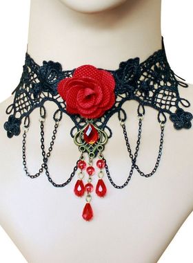 复古黑色蕾丝颈链玫瑰花大红水晶项链女配饰品欧美朋克首饰choker