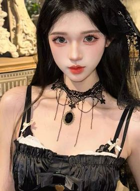 暗黑复古公主蕾丝花边流苏项链黑色洛丽塔颈链choke万圣节锁骨链