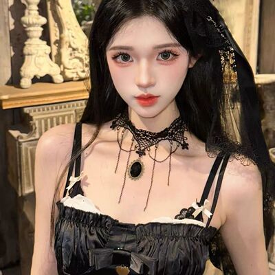 暗黑复古公主蕾丝花边流苏项链黑色洛丽塔颈链choke万圣节锁骨链